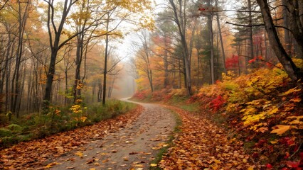 A peaceful forest path blanketed with colorful autumn leaves, inviting a serene walk through nature’s seasonal display.