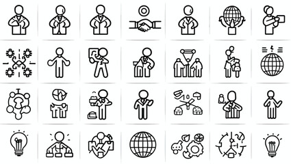 Business and Management Outline Icons: Strategy, Leadership, Global, Teamwork, and Development Concepts.