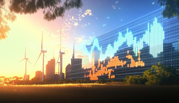 Modern city skyline at sunrise, illuminated by financial data projected onto a building.  Wind turbines in the background