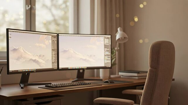 Minimalist home office setup with dual monitors and ergonomic chair