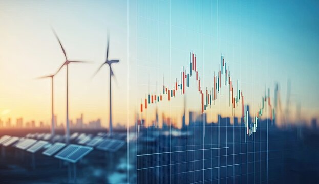 Renewable energy investment graph overlaying city skyline.  Wind turbines and solar panels in the foreground.  Financial data visualized on the cityscape background - Powered by Adobe