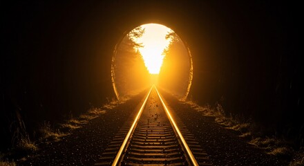 Railroad tracks lead into a tunnel with a bright light at the end surrounded by trees casting a warm golden glow