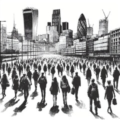 Obraz premium crowd of people walking ink sketch isolated on white background urban sketching panorama view