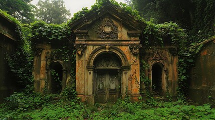 Overgrown mausoleum captured by creeping vines
