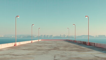 Empty rooftop parking lot overlooking a city