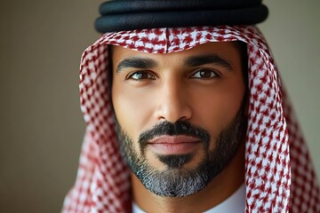 Close-up of a man wearing traditional Middle Eastern attire