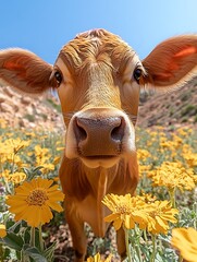 Cute calf in a field of yellow flowers