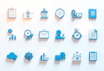 Business and Technology Icons Set in Blue Isometric Style on a White Background.