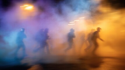 Fototapeta premium Clashing Crowd with Police at Night Under Tear Gas and Smoke
