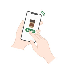 スマホでコーヒーを注文するアイコン・イラスト（モバイルオーダー）