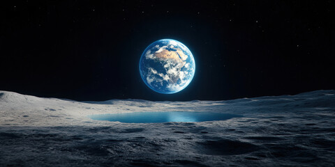 A serene moonlit lake with Earth rising in the background.