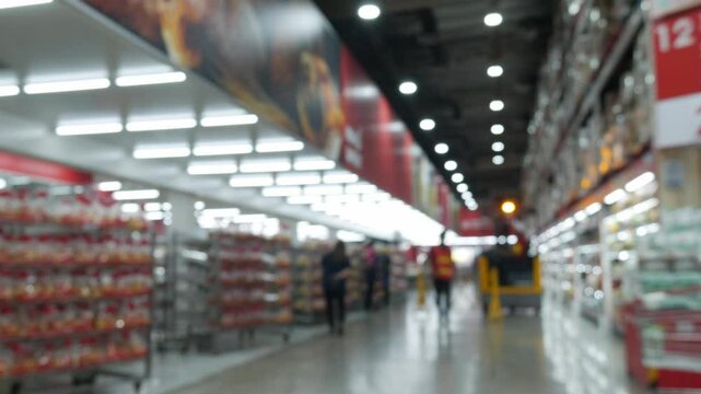 Defocused Blurred view of store worker safety work with folklift truck at warehouse hypermarket superstore store&nbsp;background.