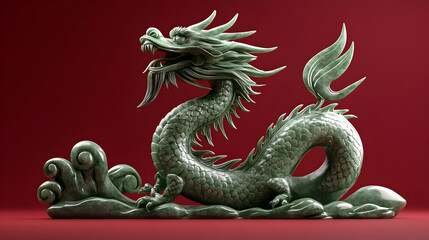 Obraz premium Green jade dragon statue against a deep red backdrop evoking mythology and artistry