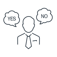   Сhoose yes or no alternative or choices. Rational businessman thinking and make decision for business or career question.
Vector linear icon illustration on white background.
