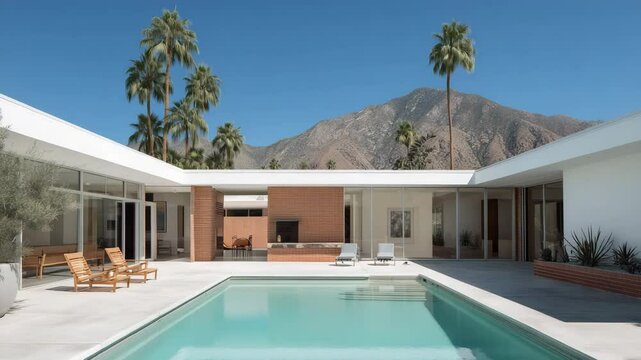 Sleek midcentury modern pool deck surrounded by white walls and palmate palms against mountainous backdrop