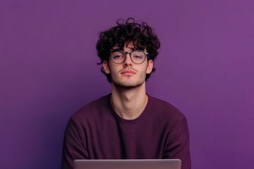modern freelance worker with dark curly hair, eyeglasses, laptop setup on violet background