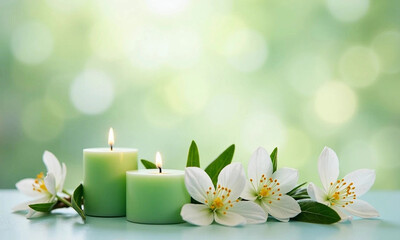 White spring flowers and burning candles on yellow green blurred natural background. Space for text.