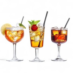 Three cocktail glasses filled with drinks on white background