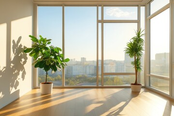 minimalist space, floor-to-ceiling windows, wooden flooring and corner plant decor