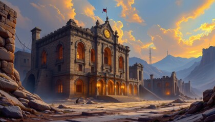 Fototapeta premium an imposing castle like structure perched on a rocky outcrop within a mountainous region