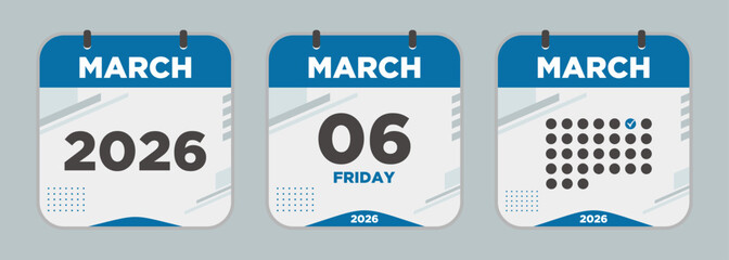 Modern Calendar icon. March. 2026 6 day. The concept of waiting for an important date. Day calendar with date March 6. Cheklist day calendar. Vector illustration.