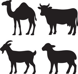 camel, cow, goat and lamb animals silhouettes collection vector illustration 