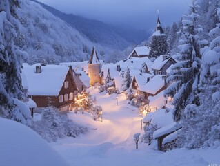 Snow-covered rooftops of a historic European village at dusk, Generative AI
