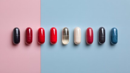 A row of different colored capsule pills are aligned on a split background of pink and blue, representing health, wellness, and the concept of duality in medicine.