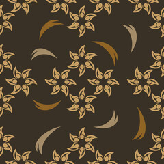 Fototapeta premium Elegant floral seamless pattern with gold swirling design elements dark brown background. Decorative ornate motif with curved shapes metallic hues creating sophisticated vintage aesthetic