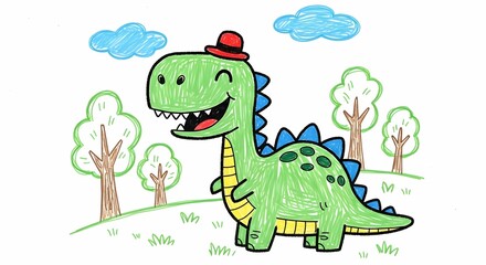 Fototapeta premium A humorous crayon-style doodle of a smiling green dinosaur wearing a tiny red hat. Childlike and full of innocent fun, perfect for kids’ materials.
