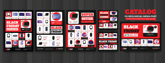 Product catalog template design with black Friday sale flyer and social media post bundle
