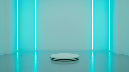 Minimalist empty room with circular platform and glowing blue neon lights on white walls and floor for creative visual concepts and artistic installations