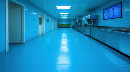 Bright and Modern Hospital Corridor with Blue Tiled Walls and Floor, Well-Lit Space, Medical Equipment, Clean Environment, and Contemporary Design