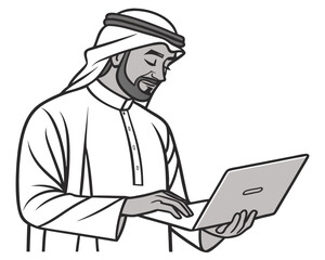 Man In Traditional Dress Using Laptop Technology In Modern Business