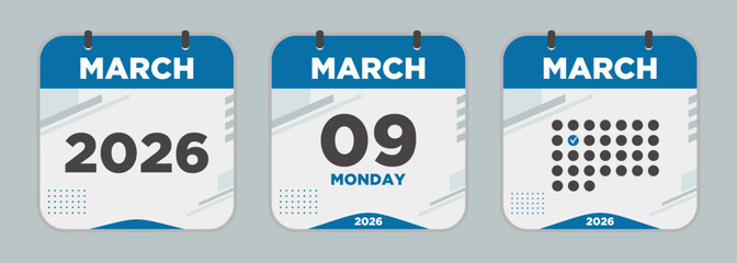 Modern Calendar icon. March. 2026 9 day. The concept of waiting for an important date. Day calendar with date March 9. Cheklist day calendar. Vector illustration.