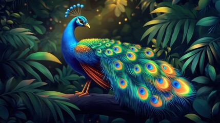 Fototapeta premium Peacock in jungle with fanned tail.