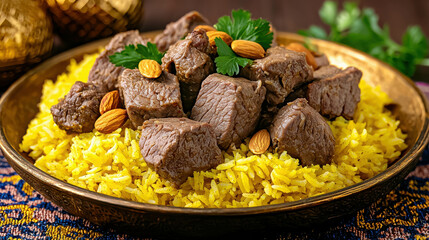 Fototapeta premium Savory Beef Cubes on a Bed of Fragrant Yellow Rice Garnished with Almonds and Fresh Herbs in an Elegant Bowl for Culinary Delights