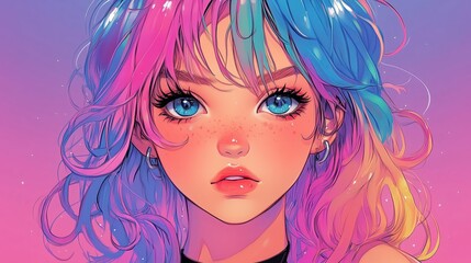 Fototapeta premium Anime girl with pink and blue hair.