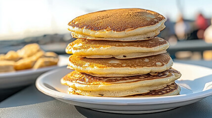 Stacked fluffy pancakes on a white plate with golden brown surface, perfect for breakfast or brunch enjoyment in outdoor sunny setting