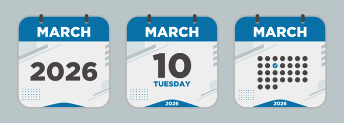 Modern Calendar icon. March. 2026 10 day. The concept of waiting for an important date. Day calendar with date March 10. Cheklist day calendar. Vector illustration.