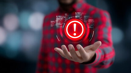 Person holding a glowing red exclamation mark hologram, symbolizing a warning or important alert.
