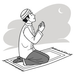 Man Praying Under The Moon Islamic Religious Illustration Art