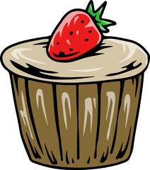 Cartoon cupcake with brown wrapper, vanilla frosting, and strawberry topping