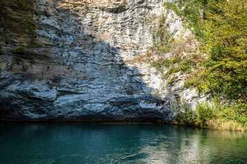 Blue Lake in a mountain gorge is located on the way to the mountain lake Ritsa. Blue Lake in the mountains of Abkhazia has a healing power of rejuvenation