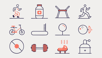 Workout and exercise icon collection with gym equipment visuals perfect for fitness apps health content and personal training or wellness promotion