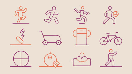 Editable workout icon set showing fitness gear and exercises designed for active lifestyle graphics gym marketing and personal health dashboard visuals