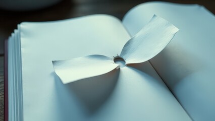 Naklejka premium Book is opened to a page with a torn piece of paper that resembles a flower