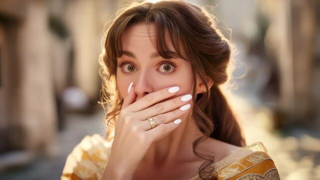 A young and beautiful white woman, She was excited, her mouth opened, her eyes wide, and she put her hand over her mouth