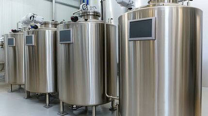 Modern stainless steel storage tanks in a clean industrial facility designed for manufacturing and processing various liquids and materials efficiently