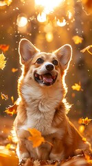 Dog surrounded by autumn leaves